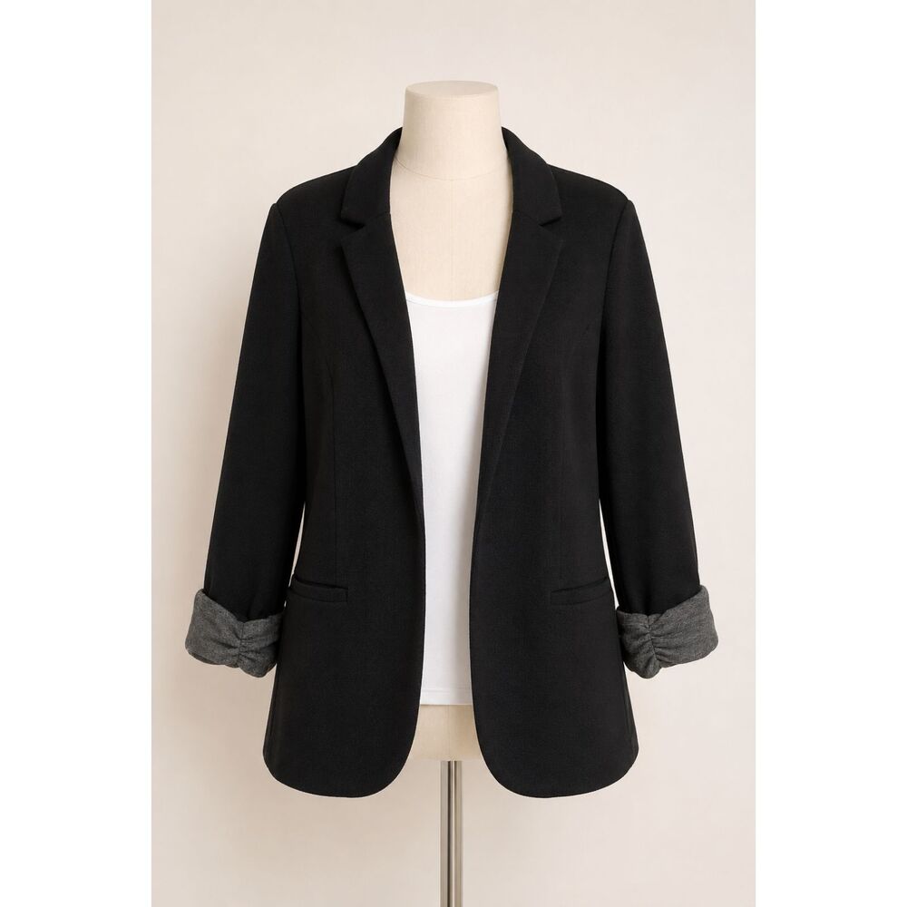 Skies Are Blue Black Open Front Blazer Gray Ruched Cuffs Women’s M